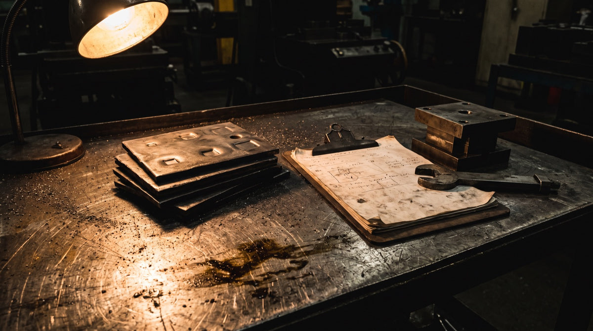 A stack of stamped weld test plates beside a clipboard of procedure paperwork on a shop bench under a work lamp