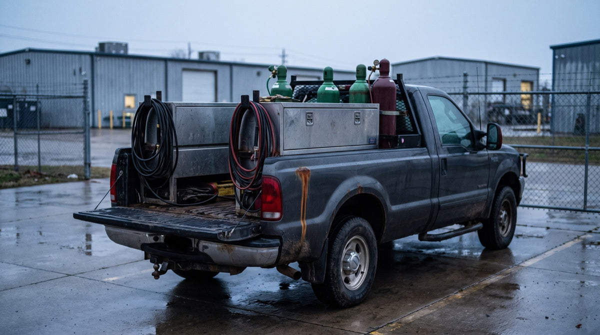 A welding rig built into the bed of a one ton pickup, gas bottles racked upright and leads coiled on the reel, parked outside a shop on a wet morning