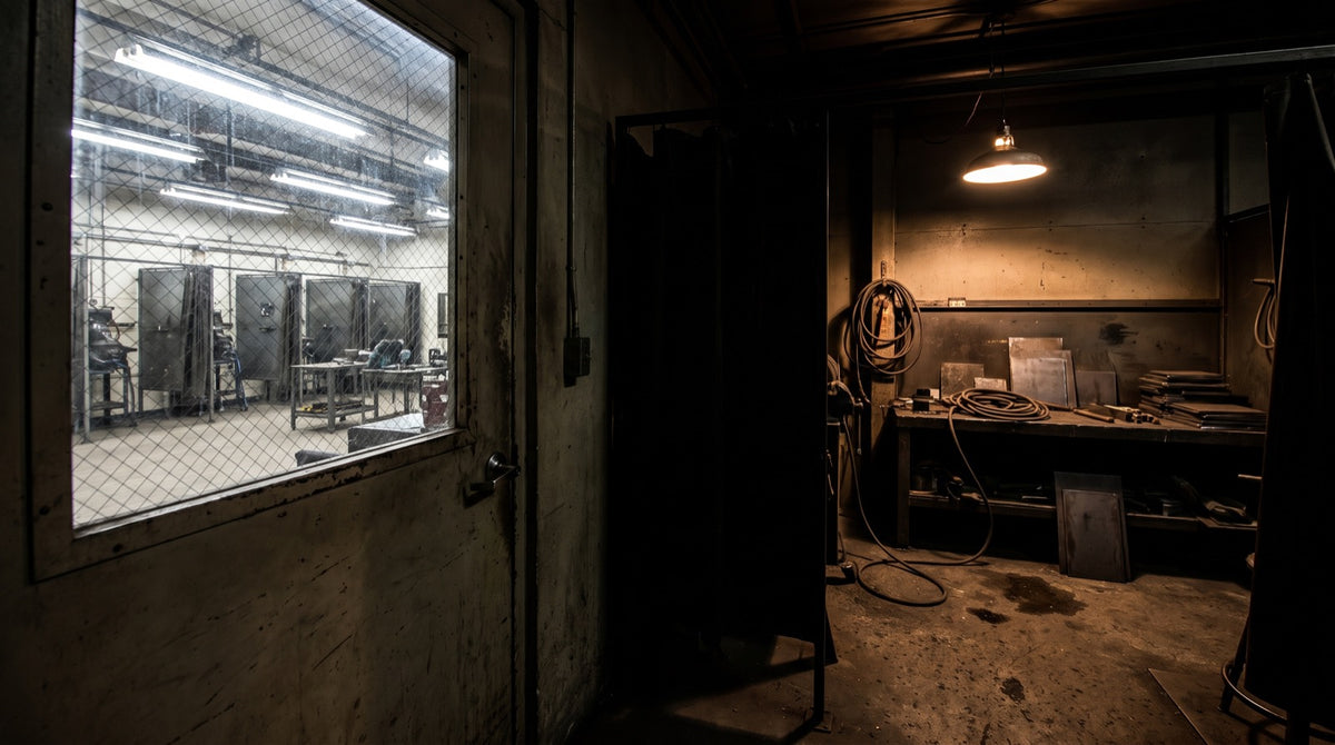 A lit classroom seen through a window from inside a dark working shop, the two routes into the trade side by side