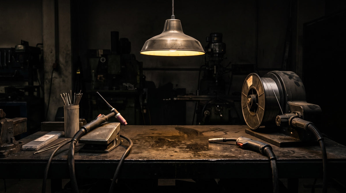 A TIG torch with a cup of tungstens beside a MIG gun and a wire spool on a shop bench under a lamp
