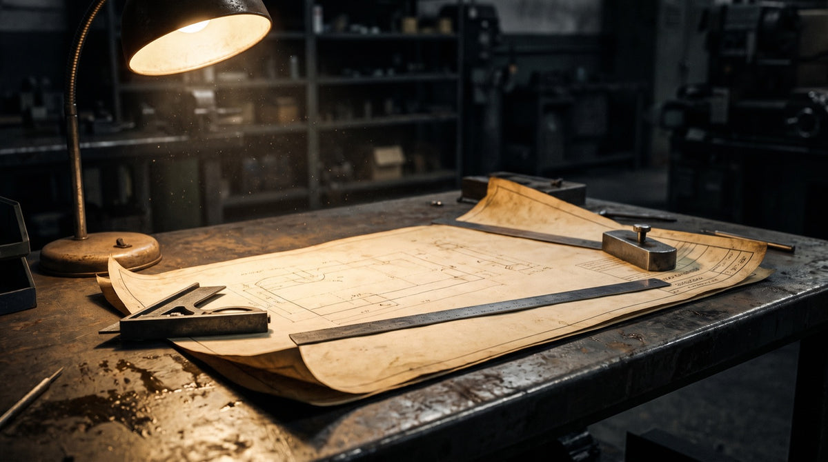 A shop drawing unrolled on a steel bench under a lamp, held flat with a square and a hammer