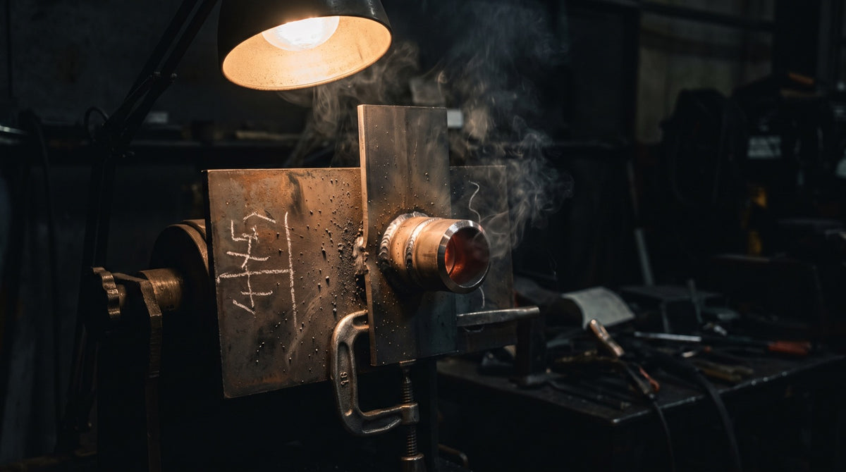 A weld test coupon clamped in a positioner under a work lamp, chalk marks on the plate and smoke still rising from the joint