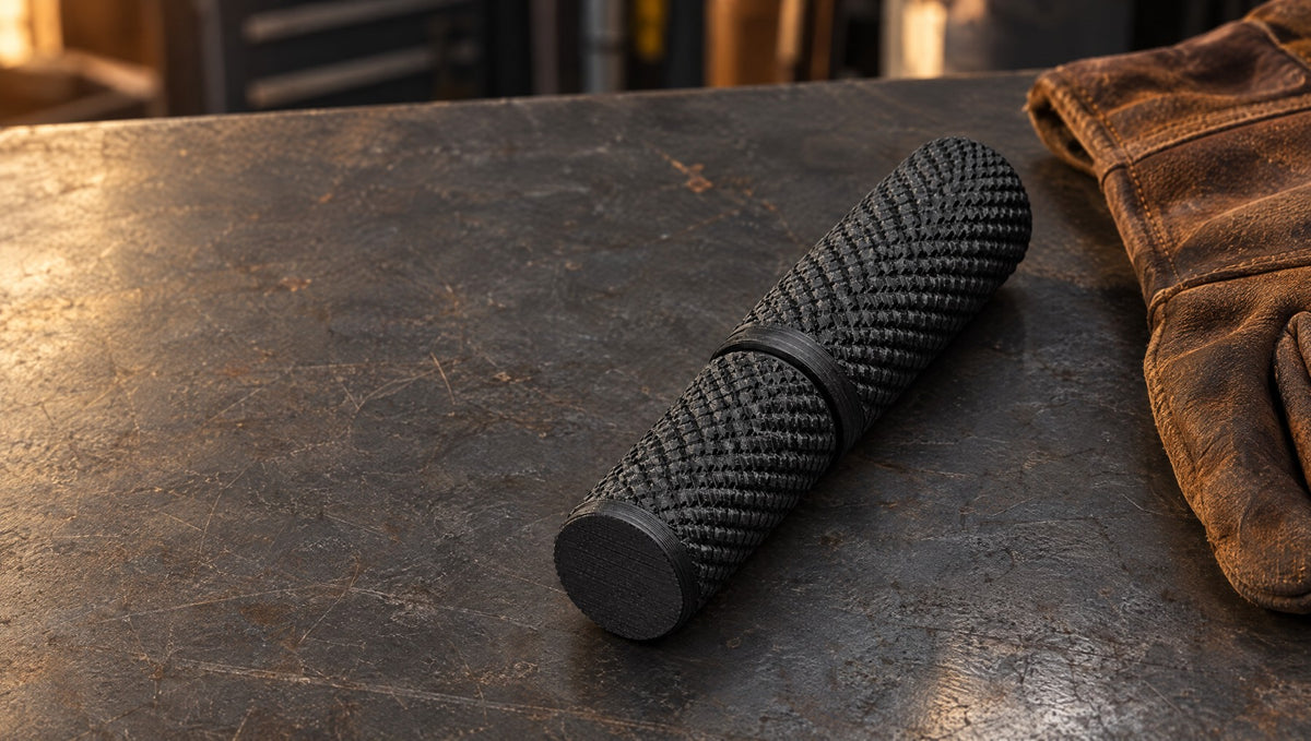 Black tungsten electrode case on a steel bench beside a leather glove.