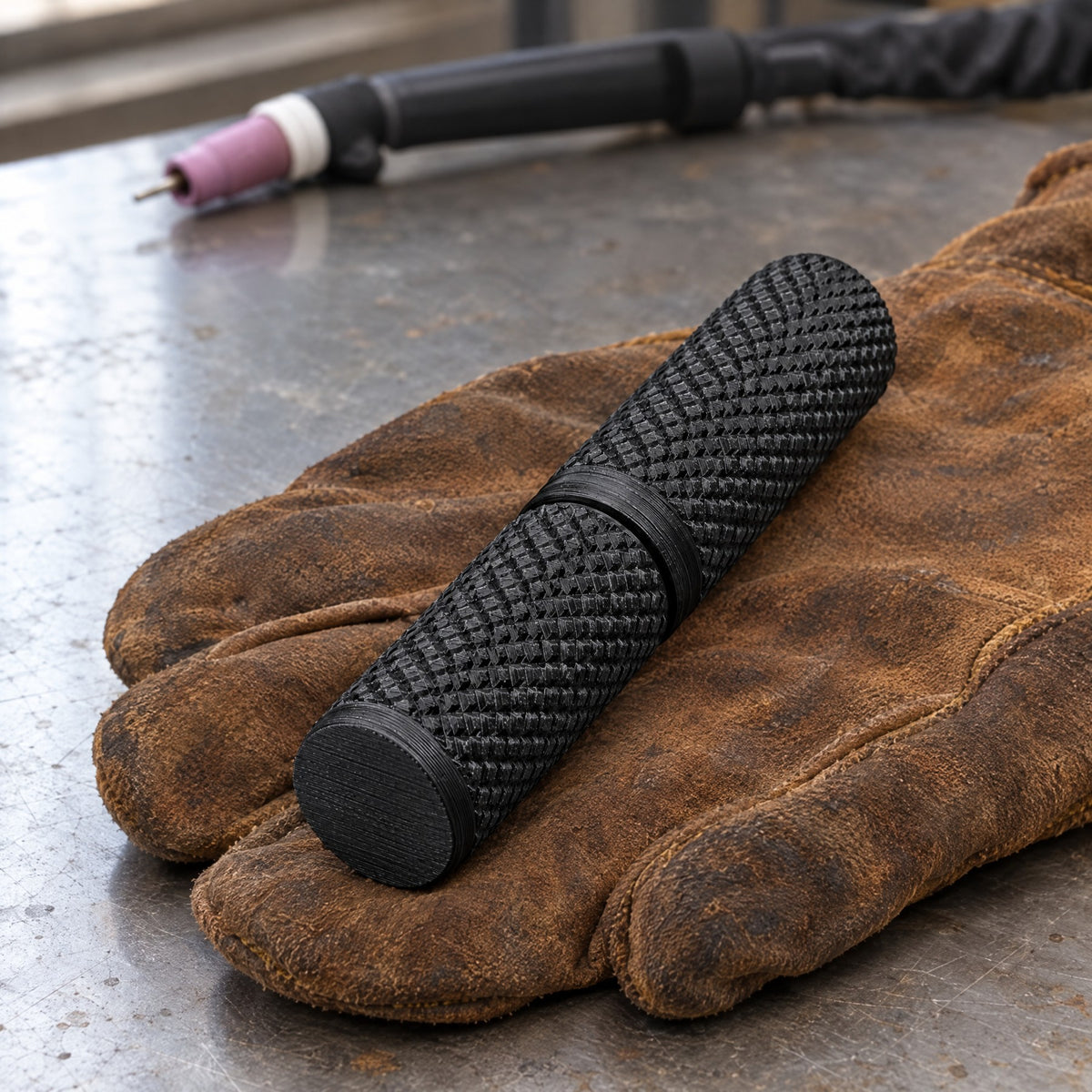 Black tungsten electrode case resting on a leather glove at a welding bench.