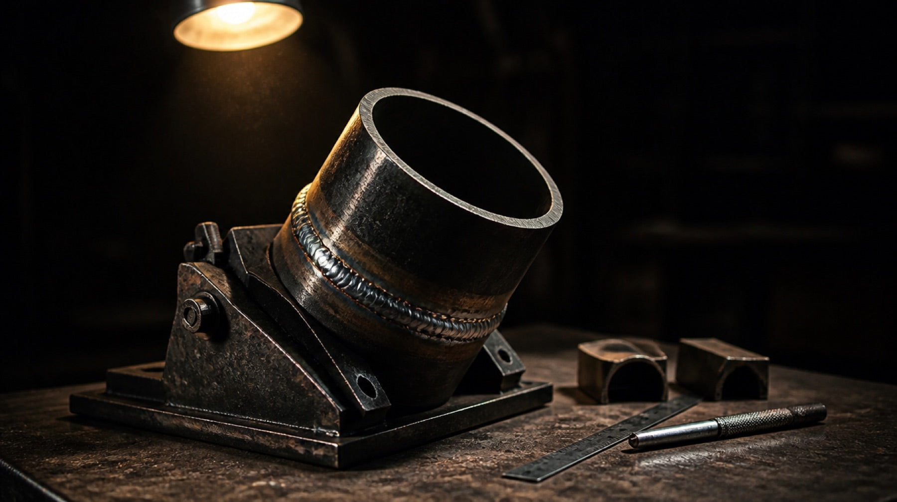 A pipe test coupon clamped at forty five degrees with a completed weld around it