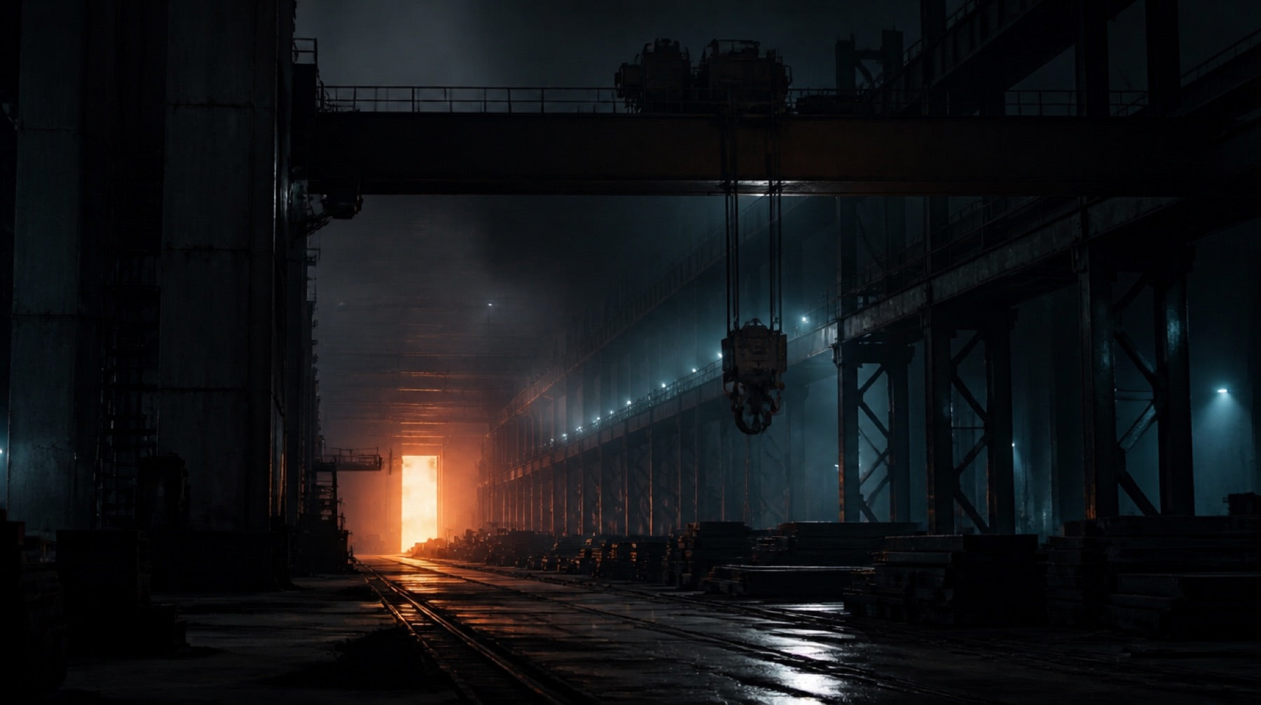 A vast steel mill interior at night with furnace light in the distance