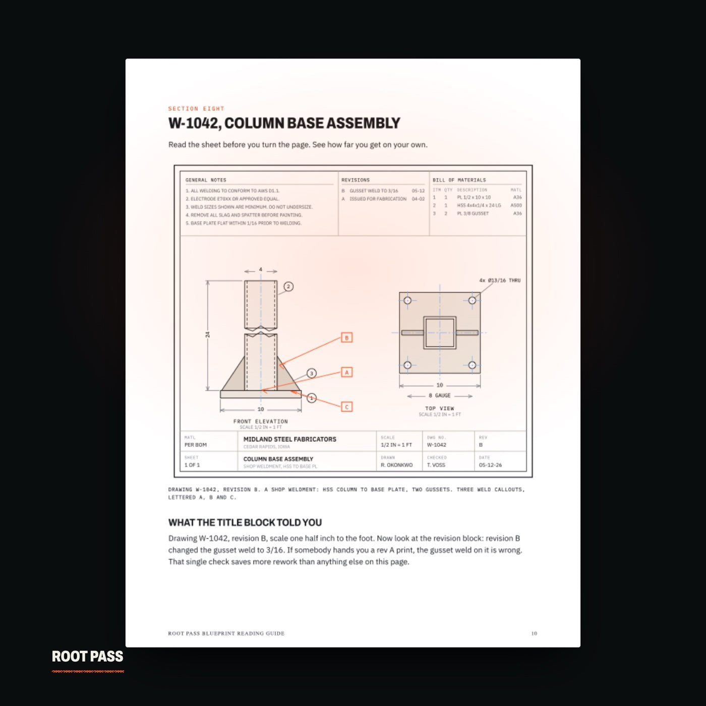A complete shop drawing with its title block, general notes and bill of materials