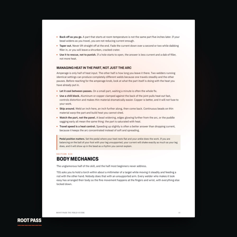 A real TIG Field Guide page on managing heat and body mechanics