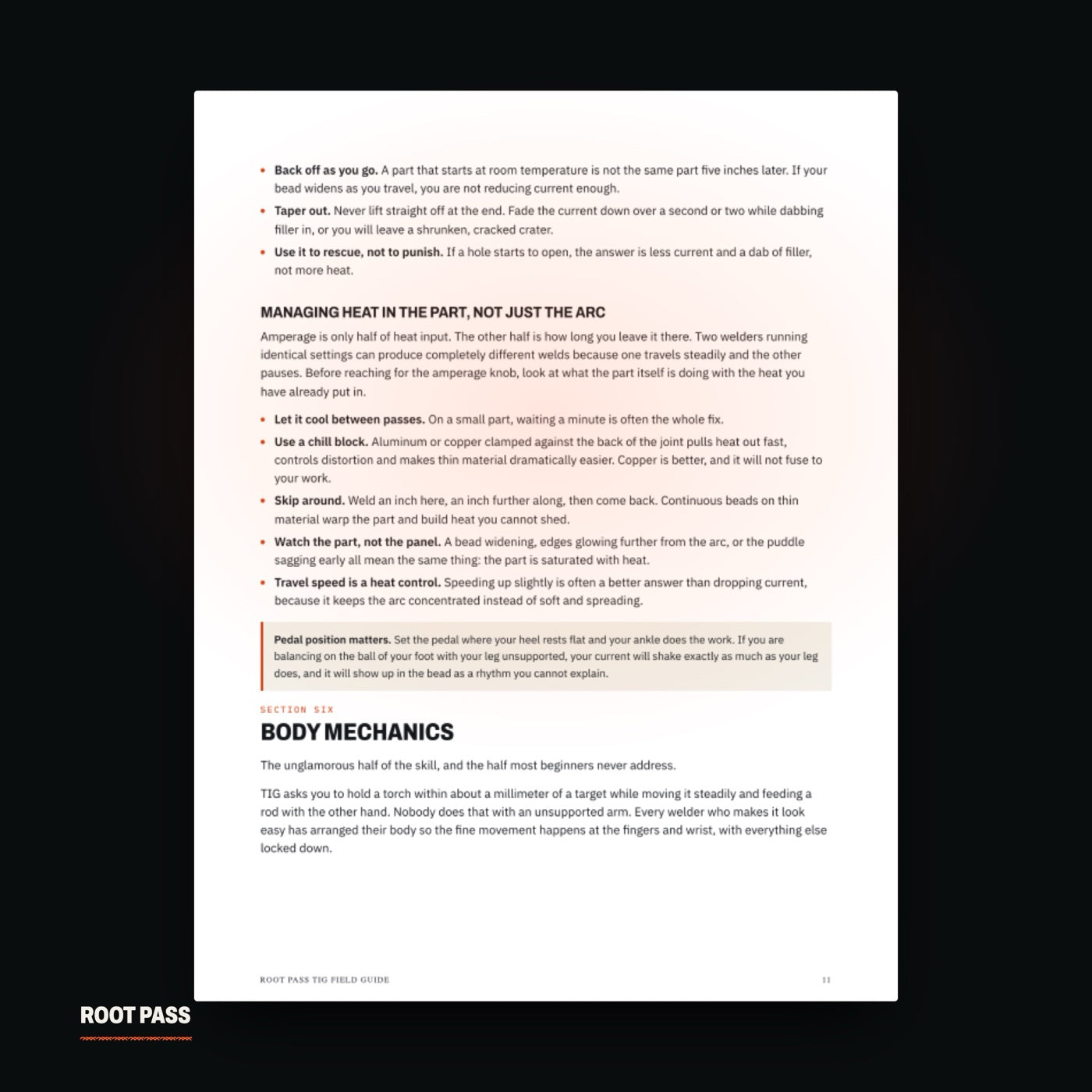 A page of the TIG guide on managing heat and body mechanics